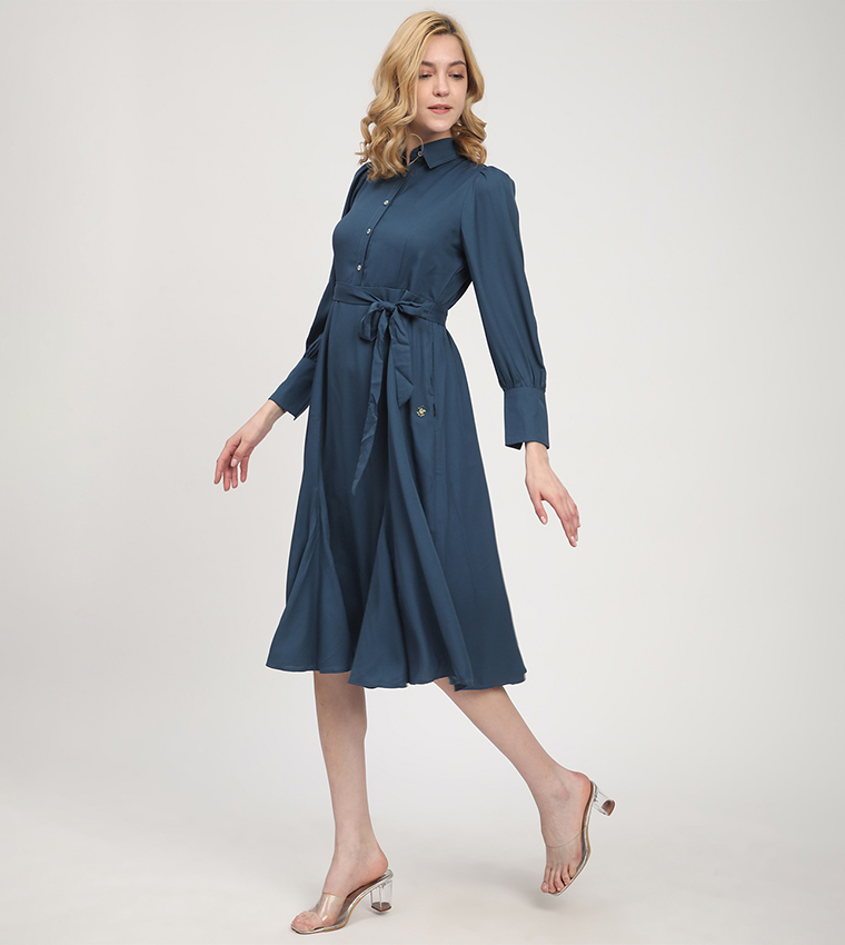 Solid Belted Long Sleeves Shirt Dress