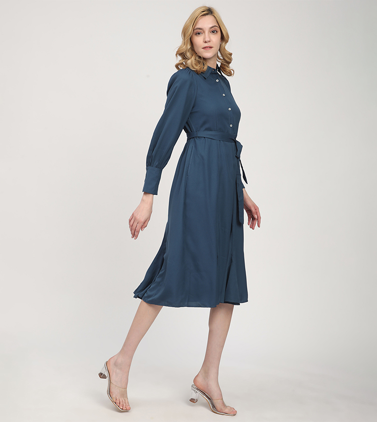 Solid Belted Long Sleeves Shirt Dress