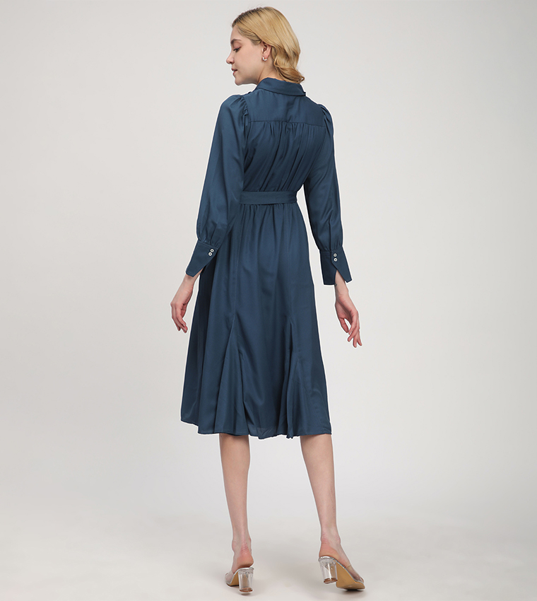 Solid Belted Long Sleeves Shirt Dress