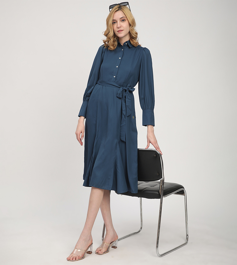 Solid Belted Long Sleeves Shirt Dress