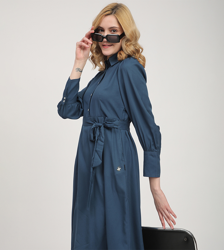 Solid Belted Long Sleeves Shirt Dress