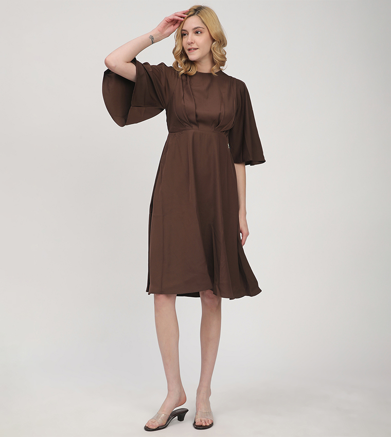 Ruched Detail Flared Sleeves Dress