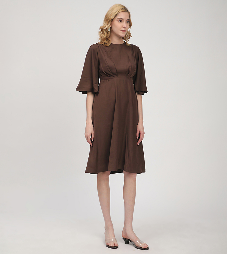 Ruched Detail Flared Sleeves Dress