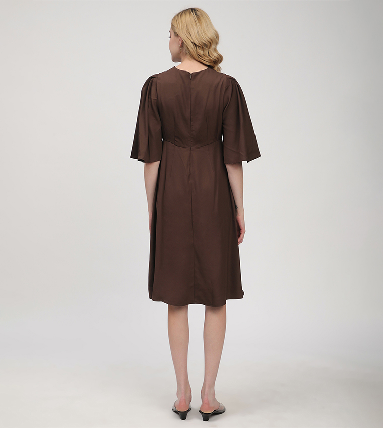 Ruched Detail Flared Sleeves Dress
