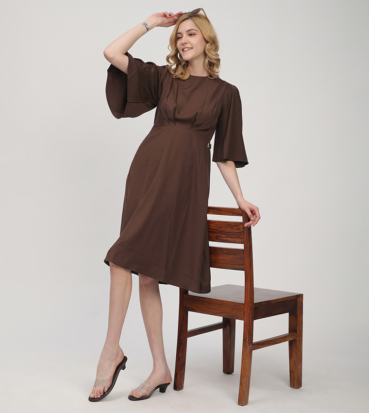 Ruched Detail Flared Sleeves Dress