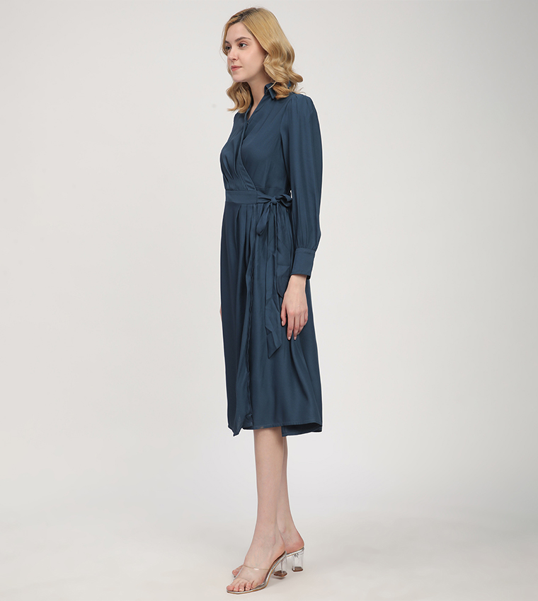Solid Long Sleeves Wrap Shirt Dress