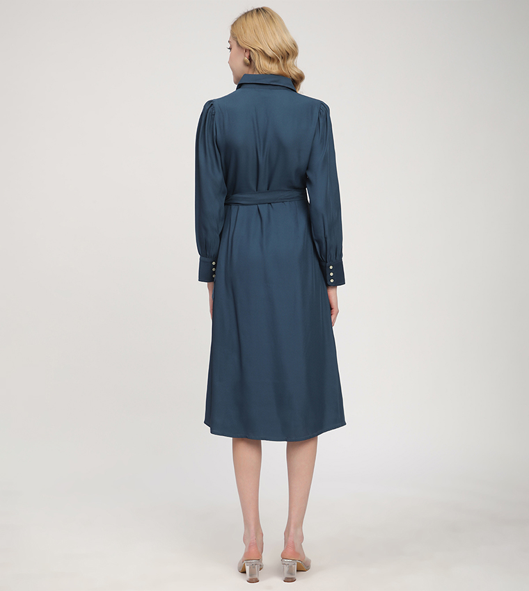 Solid Long Sleeves Wrap Shirt Dress