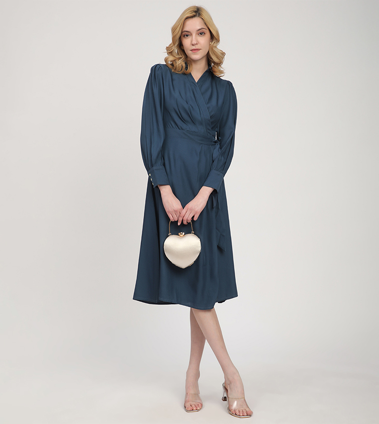 Solid Long Sleeves Wrap Shirt Dress