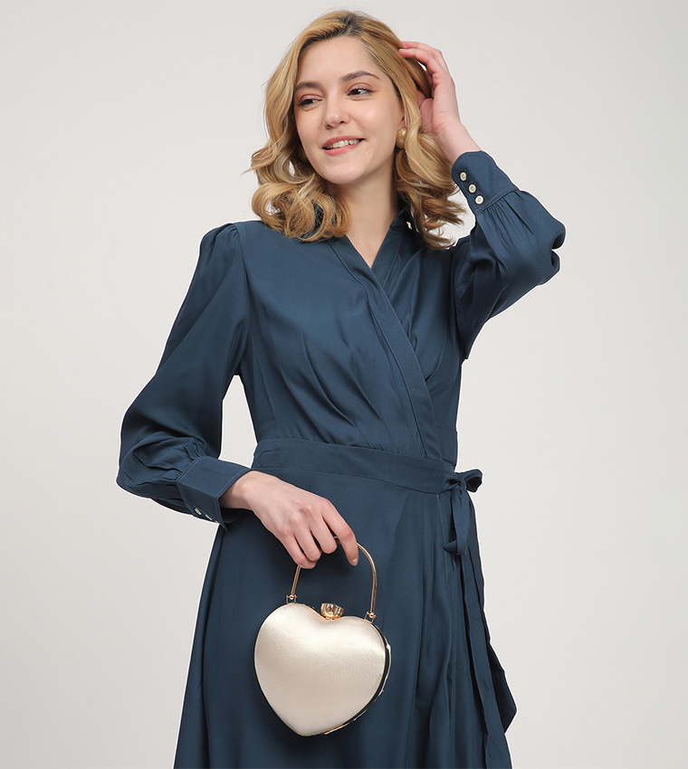Solid Long Sleeves Wrap Shirt Dress
