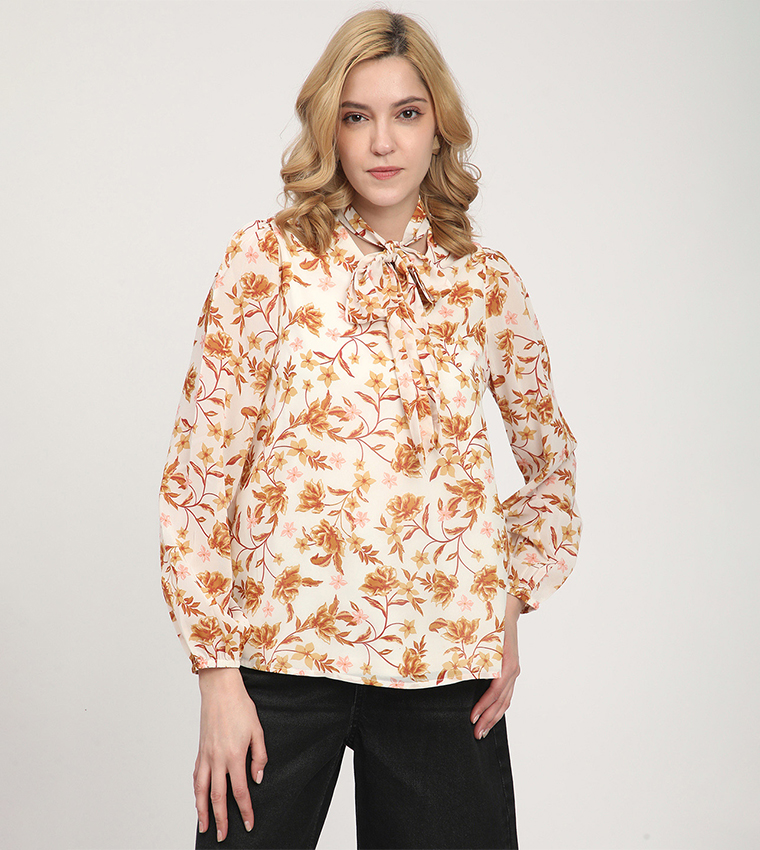 Floral Printed Tie-Up Neck Detail Top