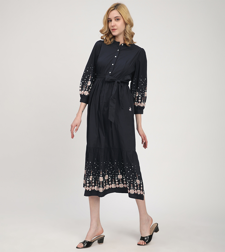 Embroidered Mandarin Collar Midi Dress