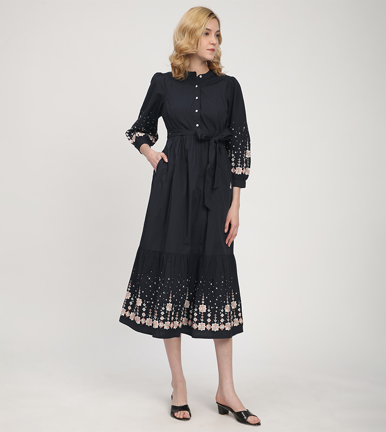 Embroidered Mandarin Collar Midi Dress