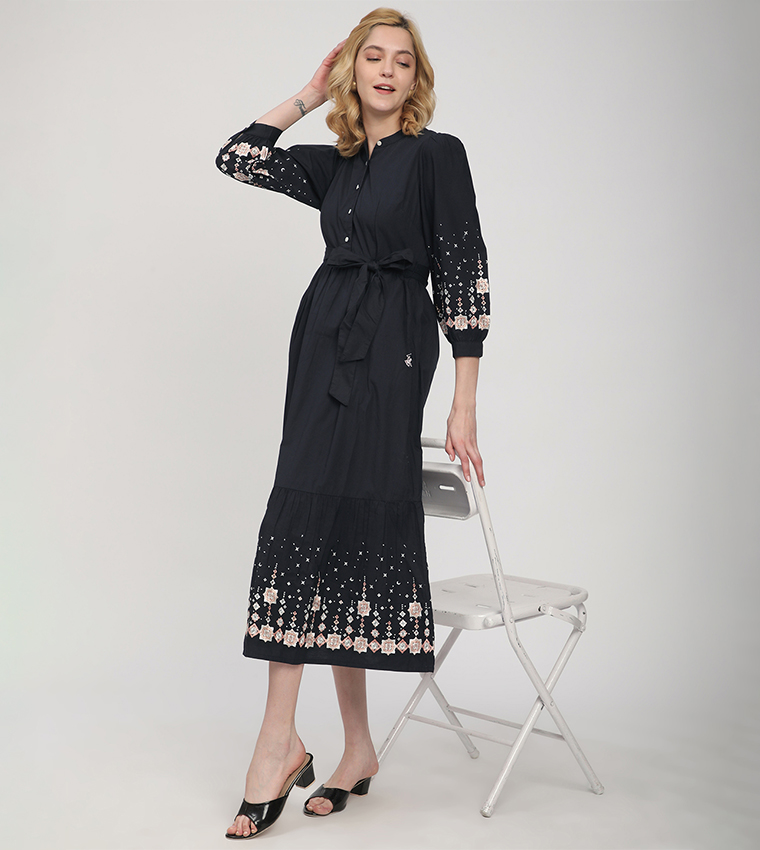 Embroidered Mandarin Collar Midi Dress