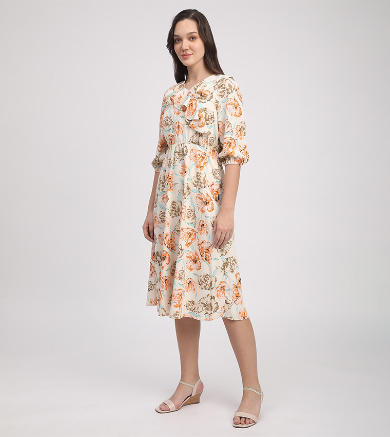 Printed 3/4 Sleeves Midi Dress