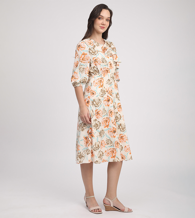 Printed 3/4 Sleeves Midi Dress
