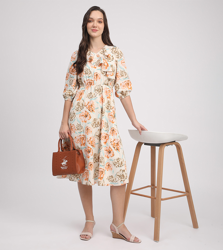 Printed 3/4 Sleeves Midi Dress