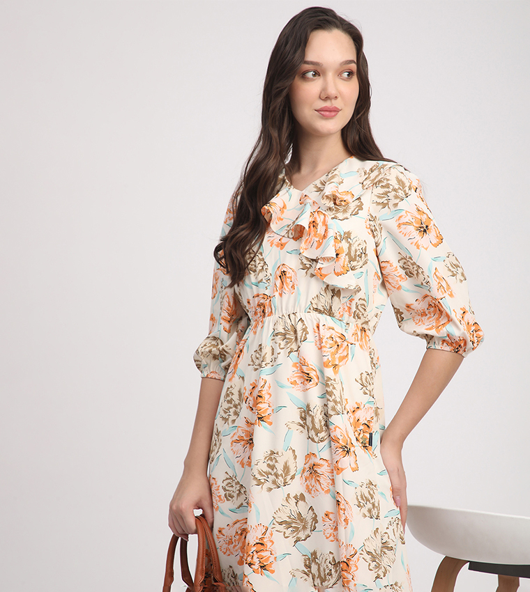 Printed 3/4 Sleeves Midi Dress