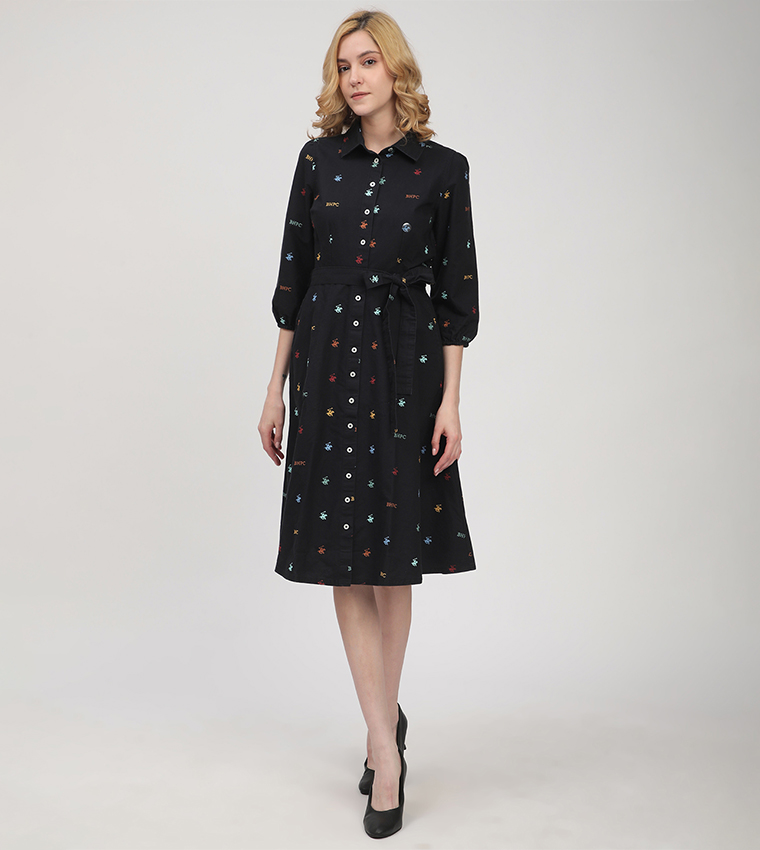 Monogram Patterned Belted Shirt Dress