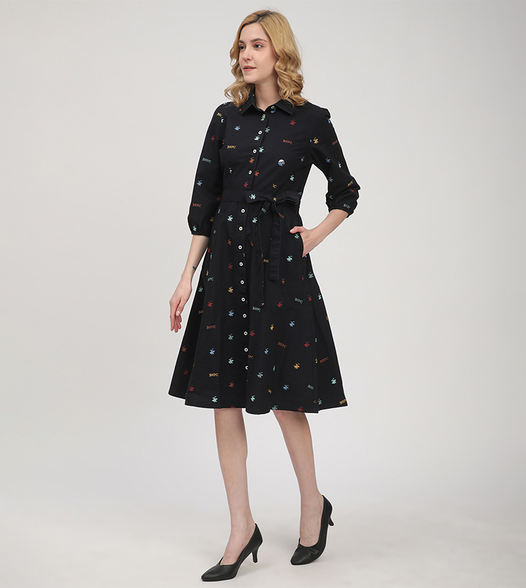 Monogram Patterned Belted Shirt Dress