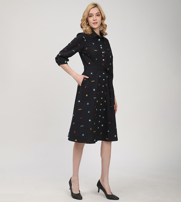 Monogram Patterned Belted Shirt Dress