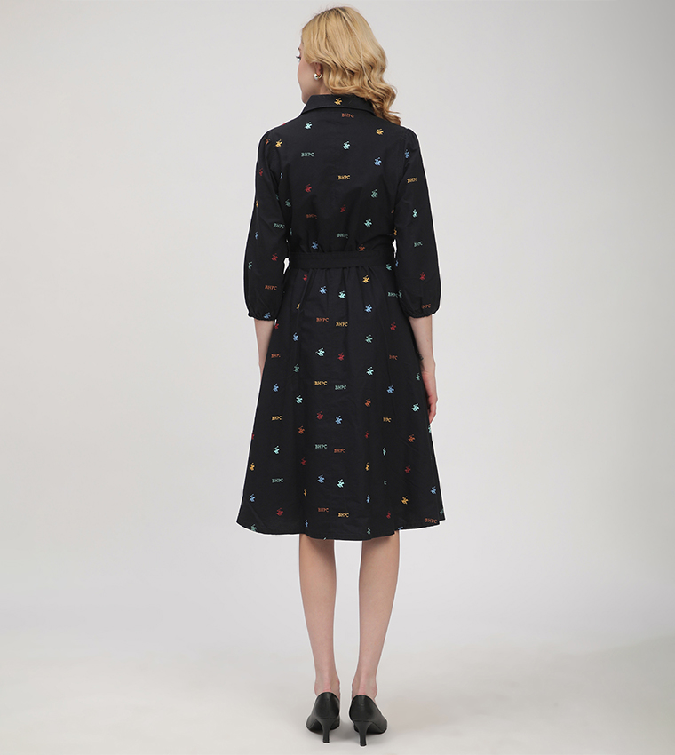 Monogram Patterned Belted Shirt Dress