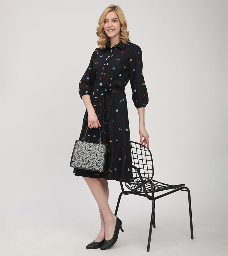 Monogram Patterned Belted Shirt Dress