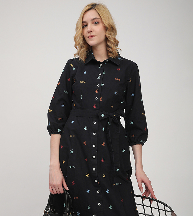 Monogram Patterned Belted Shirt Dress