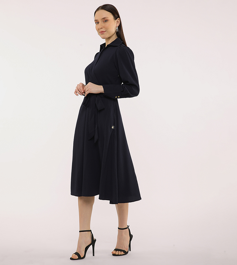 Belted Long Sleeves Wrap Shirt Dress