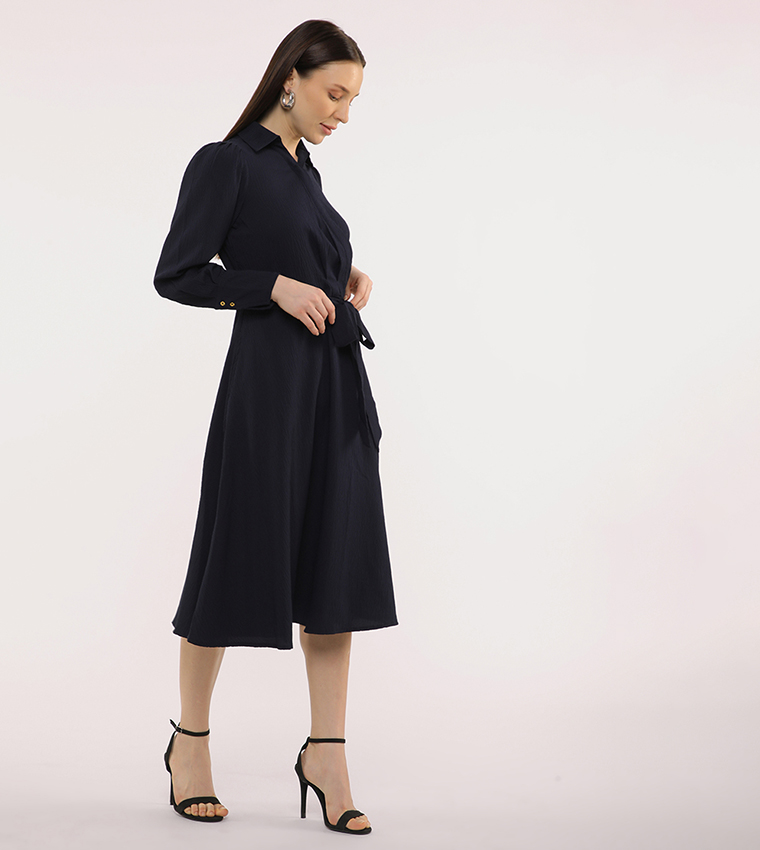 Belted Long Sleeves Wrap Shirt Dress