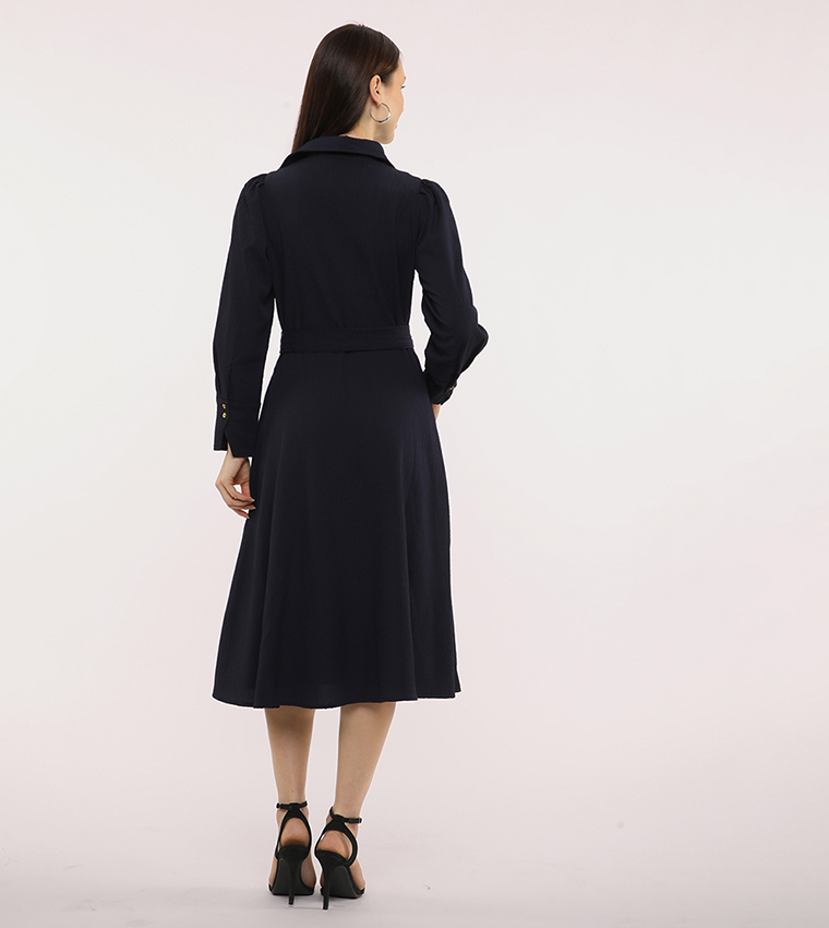 Belted Long Sleeves Wrap Shirt Dress