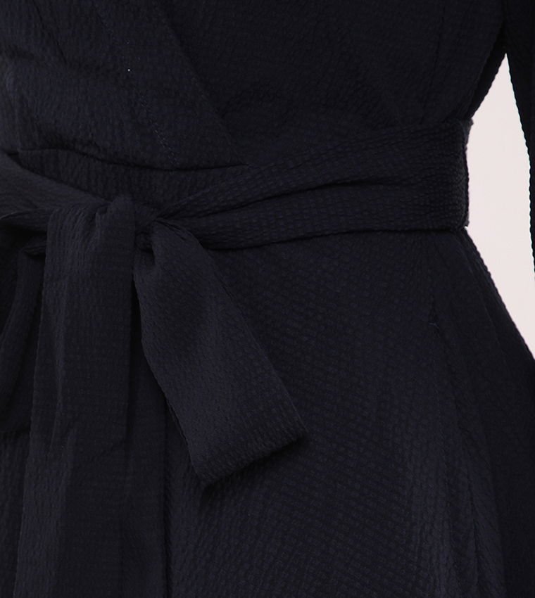 Belted Long Sleeves Wrap Shirt Dress