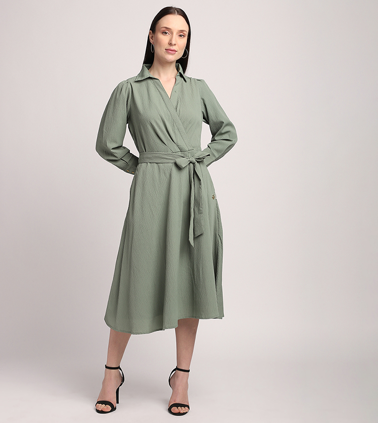 Buy Beverly Hills Polo Club Belted Long Sleeves Wrap Shirt Dress In Green |  6thStreet Kuwait