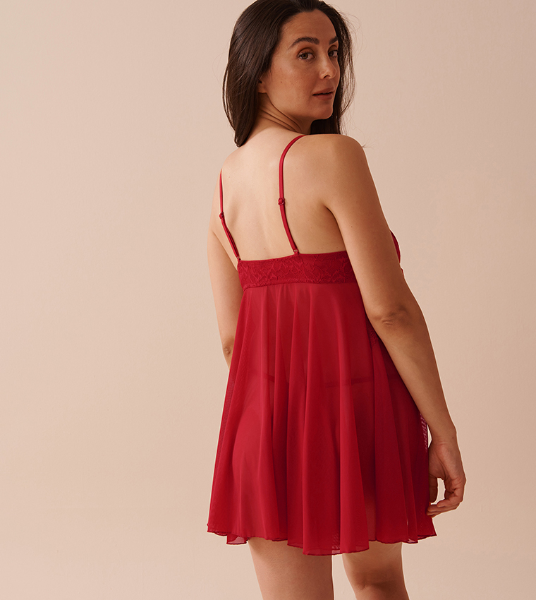 Open Front Lace and Mesh Babydoll with Satin Bow