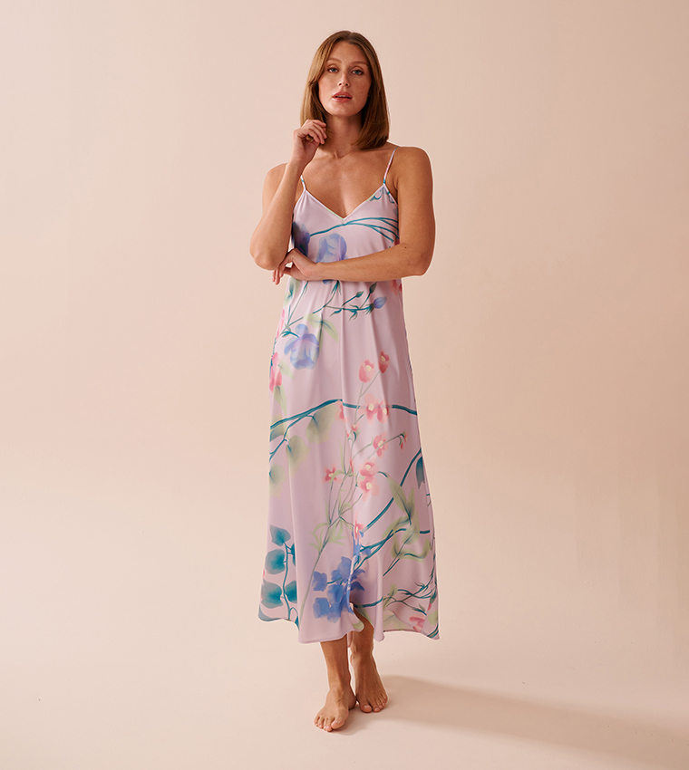 Lavender Garden Print Long Satin Nightie