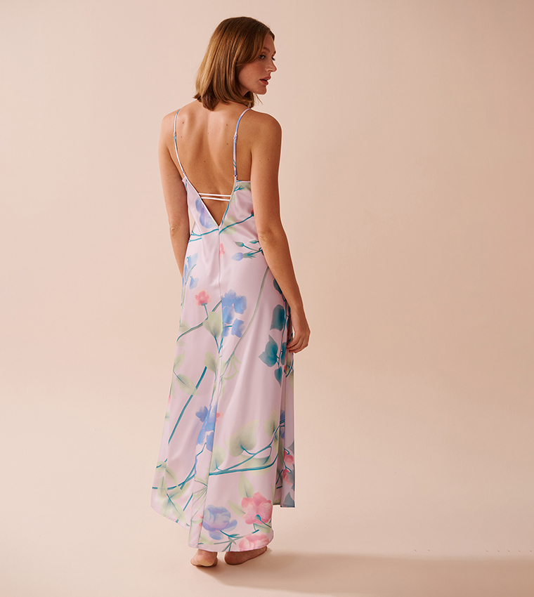 Lavender Garden Print Long Satin Nightie