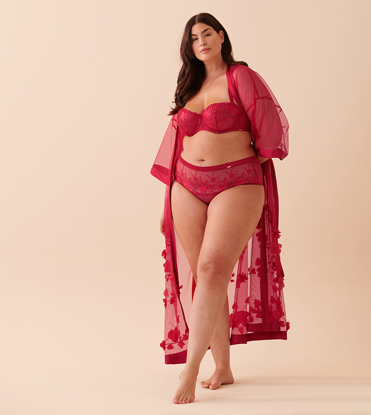 Buy La Vie En Rose Long Sheer Mesh Floral Sleep Kimono In Red