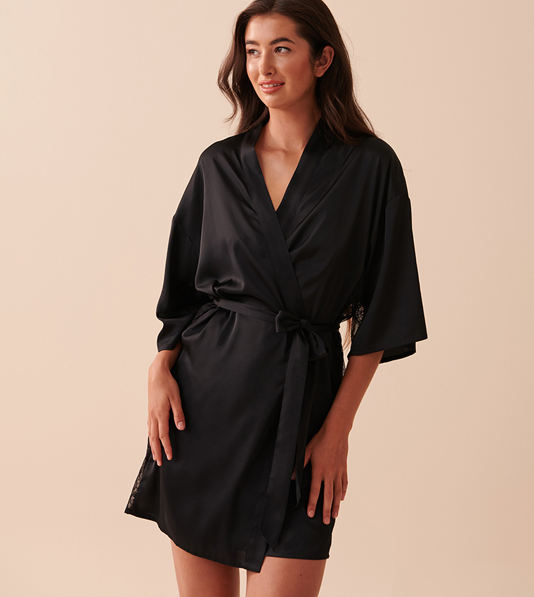 Buy La Vie En Rose Satin And Lace Sleep Kimono In Black | 6thStreet Qatar