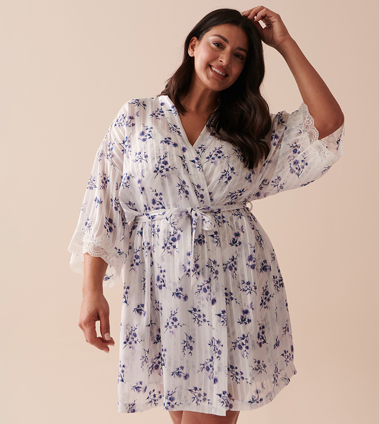 Lace Trim Floral Jacquard Robe