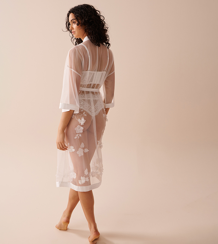 Long Sheer Mesh Floral Kimono