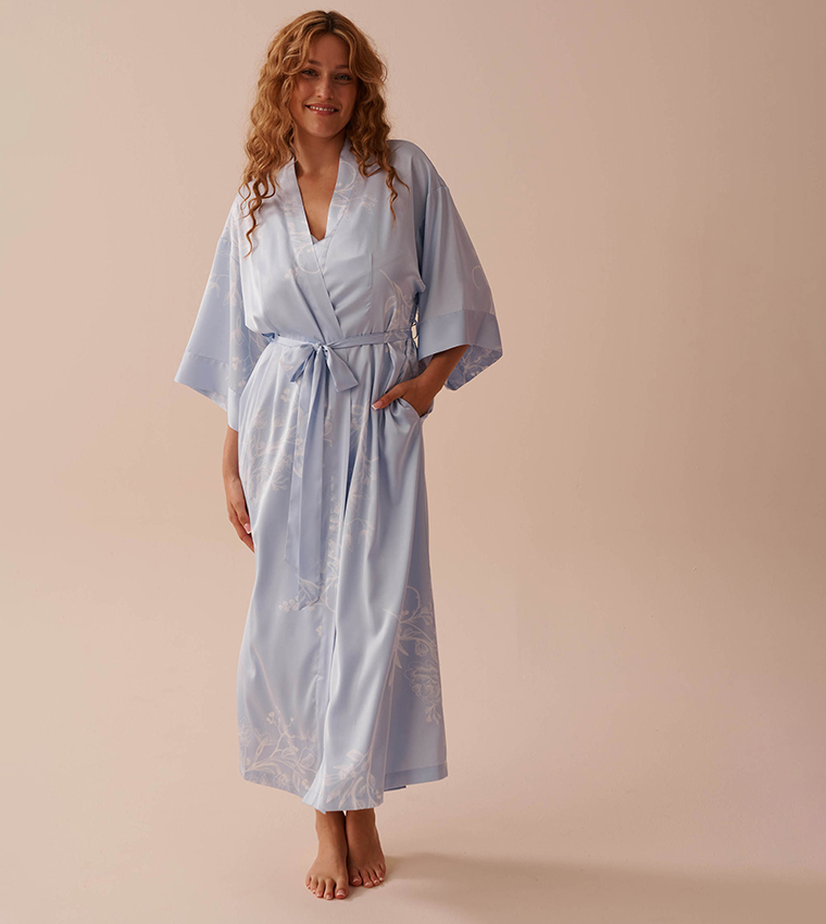 Pastel Floral Print Long Satin Kimono