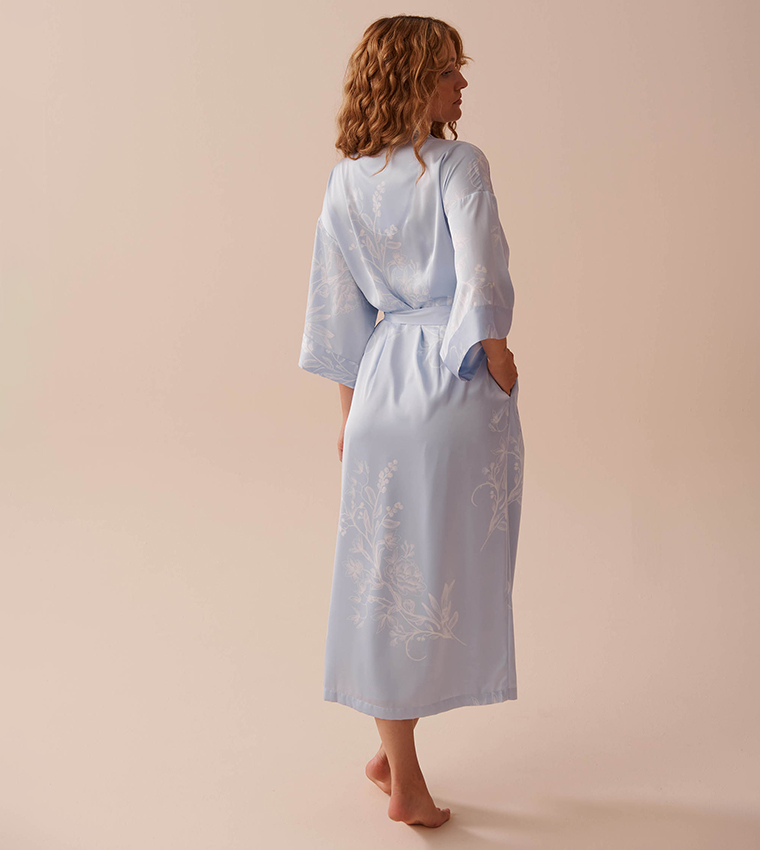 Pastel Floral Print Long Satin Kimono