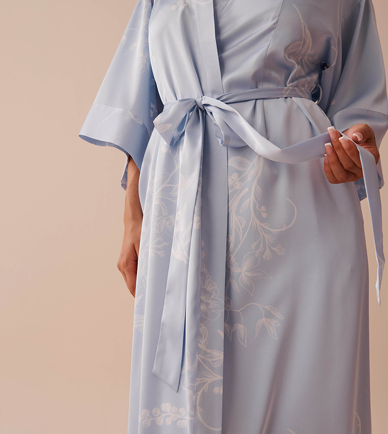Pastel Floral Print Long Satin Kimono