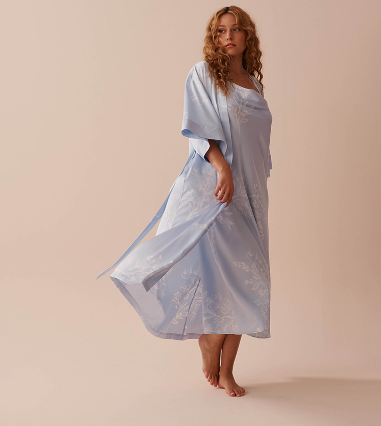 Pastel Floral Print Long Satin Kimono