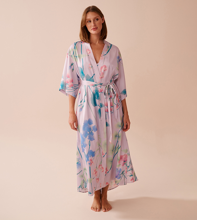 Lavender Garden Print Long Satin Kimono