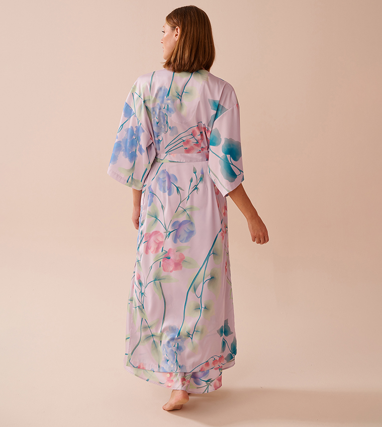 Lavender Garden Print Long Satin Kimono