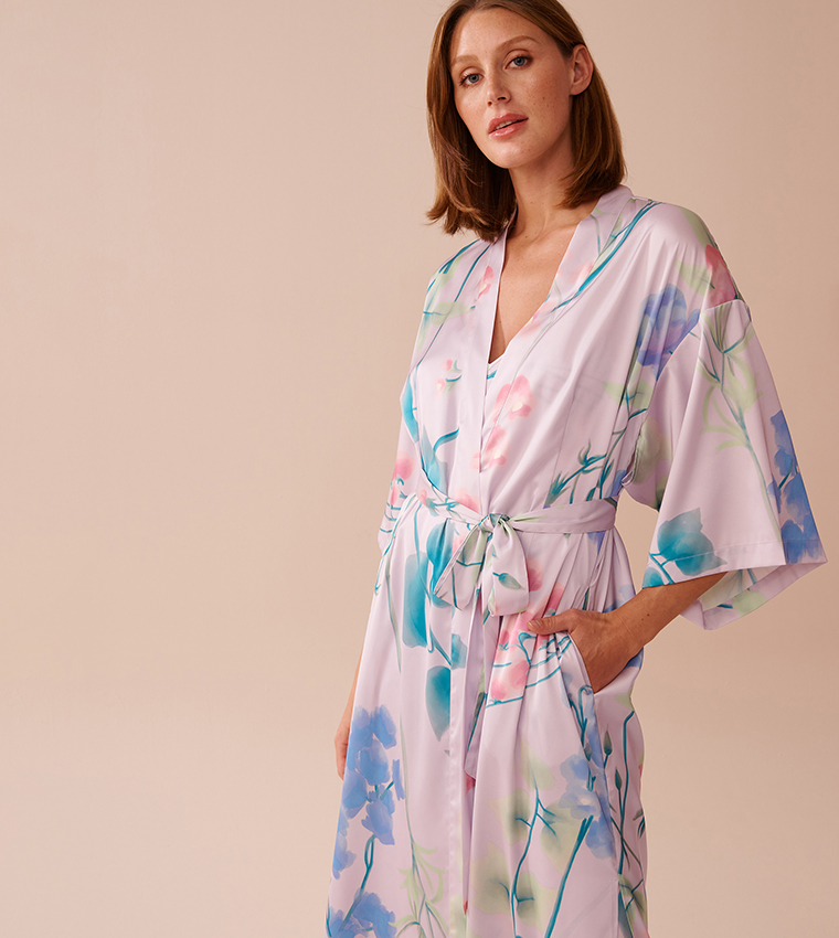 Lavender Garden Print Long Satin Kimono