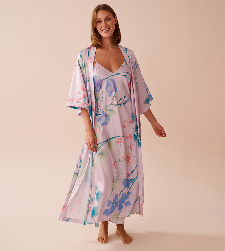 Lavender Garden Print Long Satin Kimono