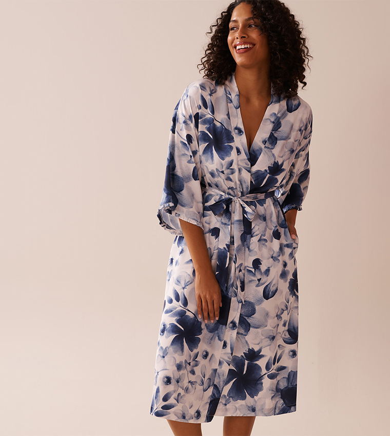 Blue Floral Print Frill Detail Satin Kimono
