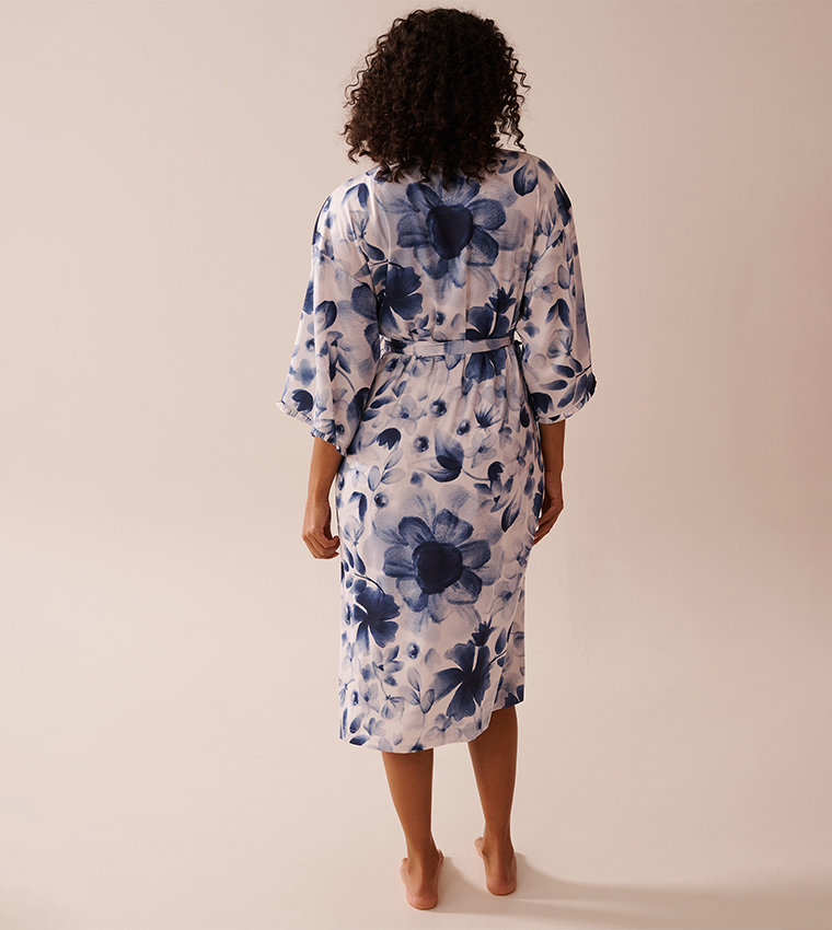 Blue Floral Print Frill Detail Satin Kimono