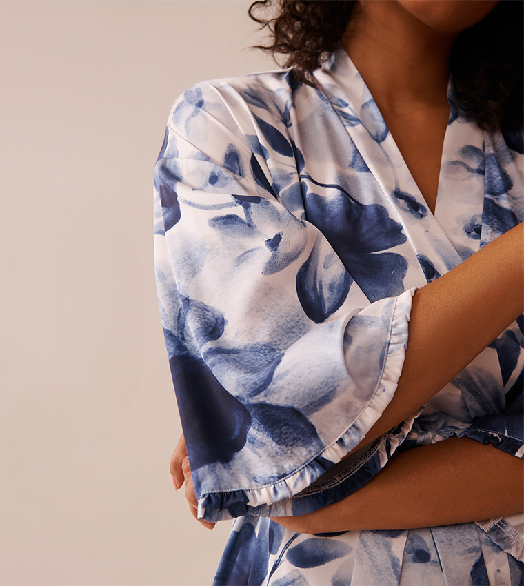 Blue Floral Print Frill Detail Satin Kimono